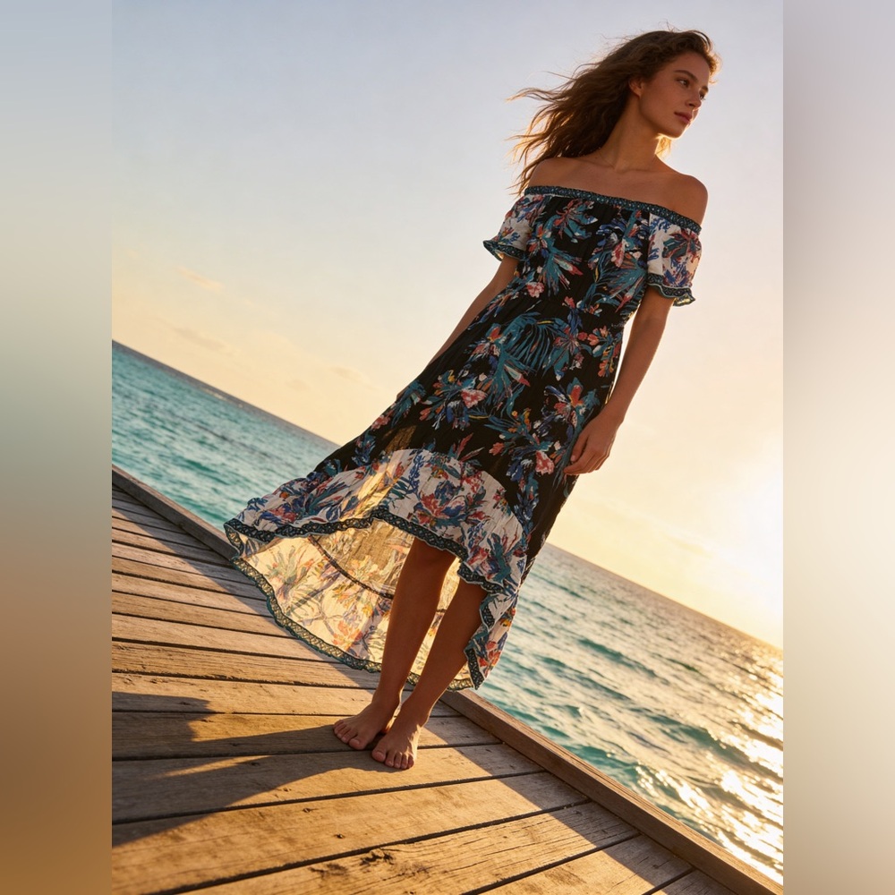 Ladies Tropical Floral High-Low Dress